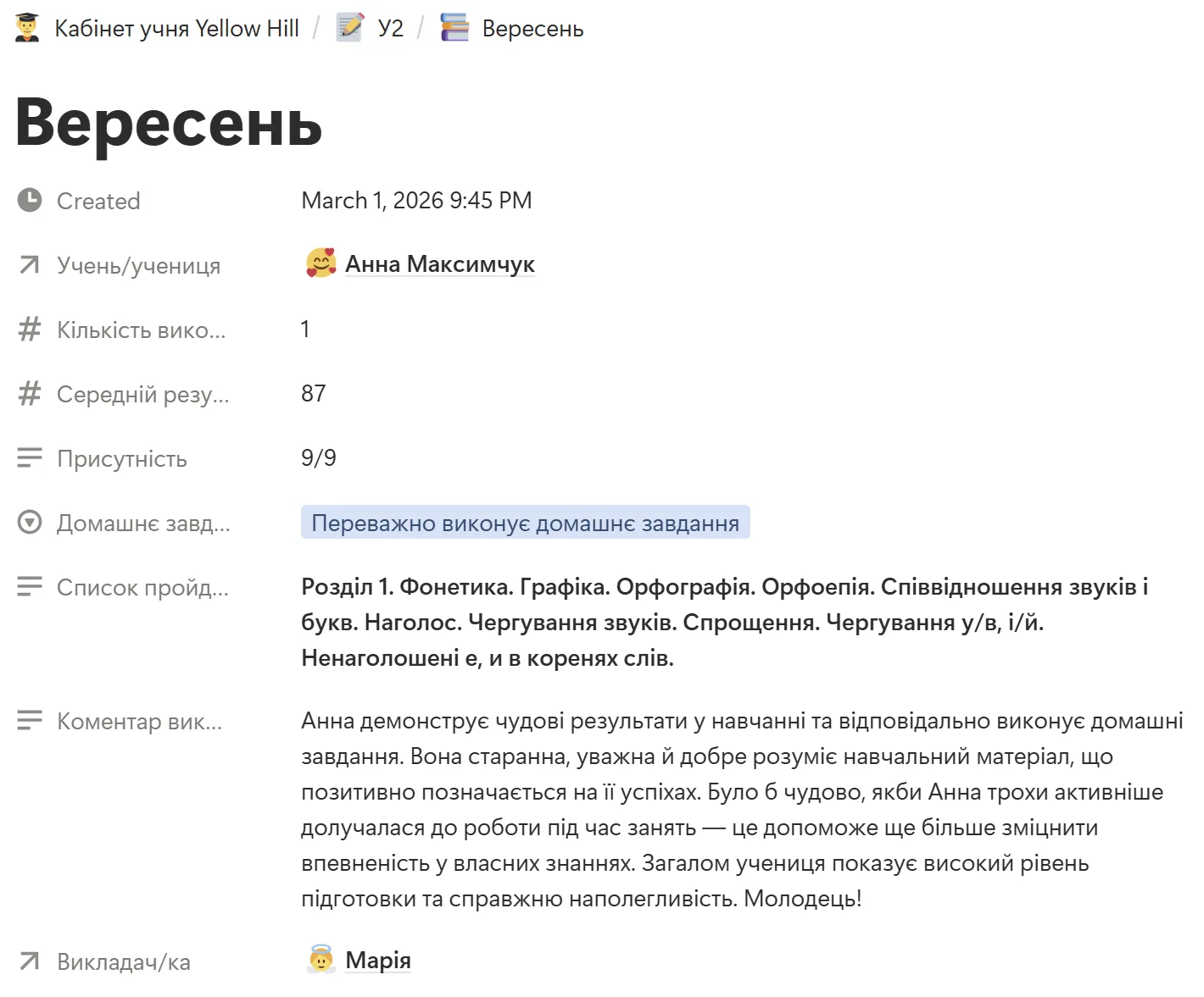 Приклад місячного звіту про навчання учня за вересень